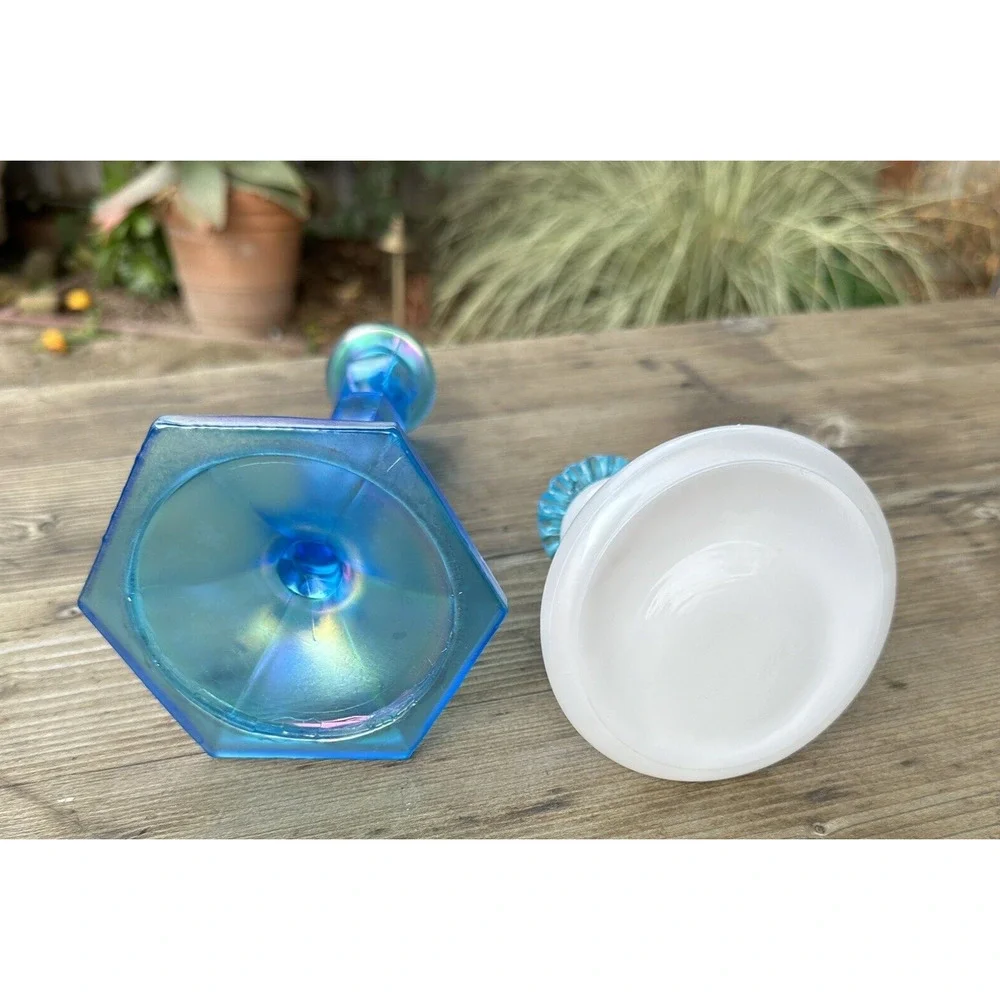 Fenton Celeste Blue Stretch Glass and Aqua Crest Candle holders Mantel Decor